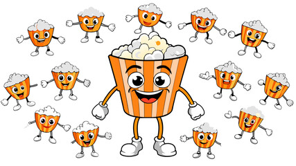 Cartoon Retro Popcorn Bucket Character With A Buttery Smile And Vintage Charm. Fast-food Sensation, Vector Set , on isolated white background