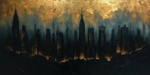 Generative AI, Black and golden painted cityscape, impasto textured style, dark gothic landscape
