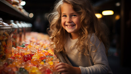 Smiling girl enjoying sweet candy, carefree and happy generated by AI