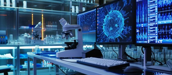 Advanced laboratory equipment used for testing the coronavirus includes computer screens, DNA models, and researching the virus.