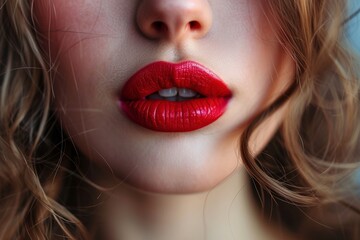 Nahaufnahme von den Lippen einer Frau, sie trägt roten Lippenstift - obrazy, fototapety, plakaty
