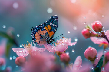 Background with blooming peaches and butterflies generative ai