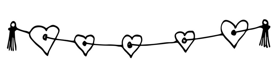 Simple vector drawing with black outline. Garland of hearts on a string, tassels. Sketch in ink. Valentine's Day. Romantic decor, love.