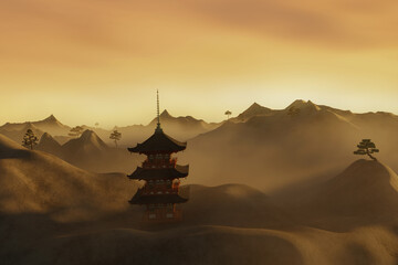 Fototapeta na wymiar 3D Rendering of wide landscape with Pagoda in front of mountains covered by fog veil