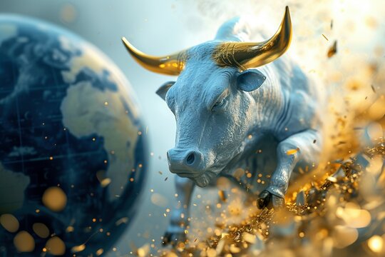 Ein Stier mit goldenen H&ouml;rnern vor einer Weltkugel, Symbolisch f&uuml;r den Bullenmarkt an der B&ouml;rse
