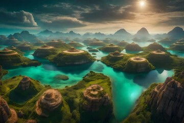 A strange dreamscape of floating islands, each with its own distinct pattern and texture, providing a fanciful and appealing background. 