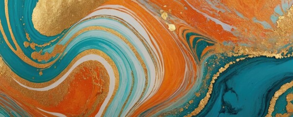 A luxurious marbling background with swirling patterns of teal and orange paint, sprinkled with a touch of gold powder