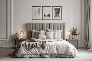 A gorgeous, meticulously made bed in a bedroom of a home or hotel apartment, with pillows and cushions on top, and a small nightstand with a mock up picture frame in white on it
