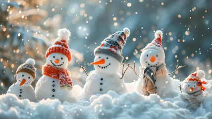 Snowman family with red scarf, hat and mittens in winter forest