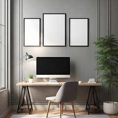 Fototapeta premium Close up blank frame mockup on wall in the home office room. frame mockup design for advertisement, frame presentation