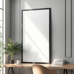 Close up blank frame mockup on wall in the home office room. frame mockup design for advertisement, frame presentation