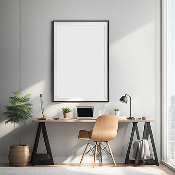 Close up blank frame mockup on wall in the home office room. frame mockup design for advertisement, frame presentation