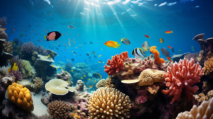 Naklejka na ściany i meble Underwater Scene With Coral Reef And Exotic Fishes, Ai generated image