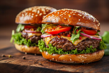 Indulge in the deliciousness of an epicurean beef burger – a classic American favorite with juicy meat, melted cheese, fresh lettuce, and savory sauce, all nestled in a sesame-seed bun.