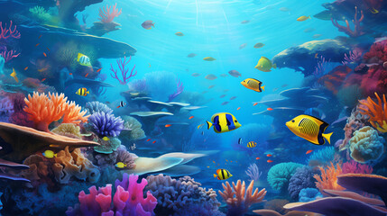 Fototapeta na wymiar Underwater Scene With Coral Reef And Exotic Fishes, Ai generated image