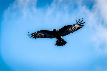 The striking contrast of a black crow against a clear blue sky, wings spread wide in mid-flight