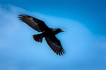 Obraz premium The dramatic contrast of a black crow against a beautiful blue sky with wings stretched wide in mid-flight.