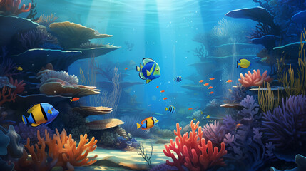 Fototapeta na wymiar Underwater Scene With Coral Reef And Exotic Fishes, Ai generated image