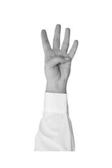 Black and white hand in a white shirt shows four fingers isolated on transparent background - element for collage