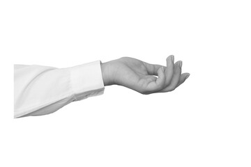 Black and white hand in a white shirt holds something isolated on transparent background - element for collage