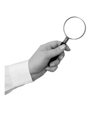 Black and white hand in a white shirt holds a magnifying glass isolated on transparent background -...