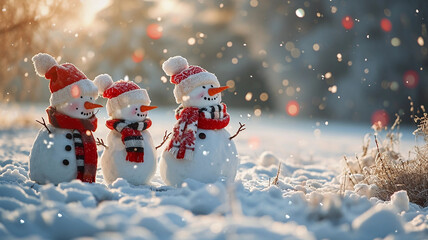 Snowman family on the snow in the winter forest. Christmas background.
