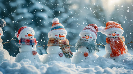 Funny snowmen in hats and scarves standing in the snow