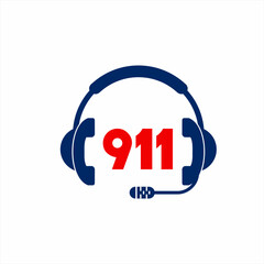 911 logo design. Illustration of headphones with telephone symbol and 911 number.