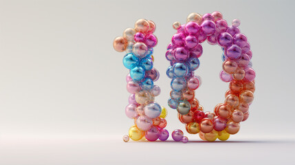 The number ten in tiny and small colorful bubbles
