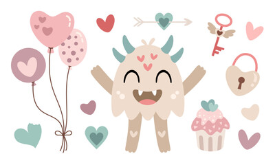 Cute Monster Valentines clipart. Valentines Day clipart. Monster love in cartoon flat style. Vector illustration.
