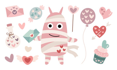 Cute Monster Valentines clipart. Valentines Day clipart. Monster love in cartoon flat style. Vector illustration.