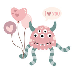 Cute Monster Valentines clipart. Valentines Day clipart. Monster love in cartoon flat style. Vector illustration.