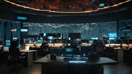 A futuristic cybersecurity workspace featuring advanced encryption technologies, biometric access control - obrazy, fototapety, plakaty