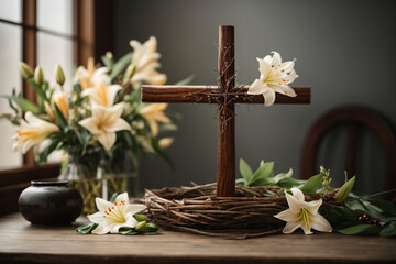 generative Ai, Wooden cross, crown of thorns and blossom lilies on table against light background