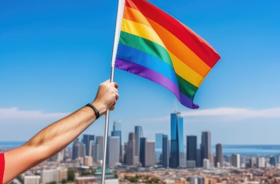 Hand holding a large rainbow flag against the background of a modern city