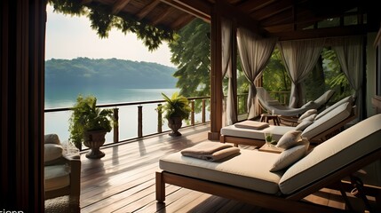Veranda serenity with comfortable lounge chairs, flowing curtains, and a panoramic view of a tranquil lakeside