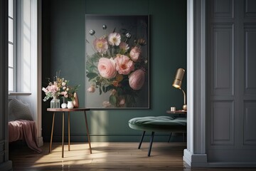 A vase of flowers is placed on a metal table next to a green sofa in a modern classic hallway with a gray wall and an empty vertical poster. Through the doorway, one can see a table and seats next to 