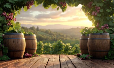 Wooden wine barrels on a background with vineyards.