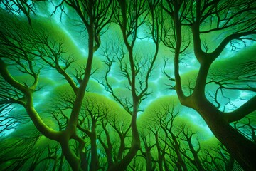 A digital forest of fractal trees, with each branch extending with mathematical precision to create a harmonic yet complex background.
