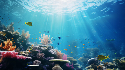 Fototapeta na wymiar Underwater scene. Coral reef, fish groups in clear ocean water, Ai generated image