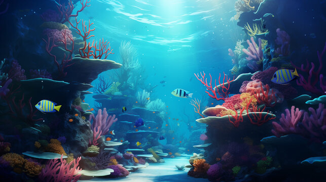 Underwater scene. Coral reef, fish groups in clear ocean water, Ai generated image