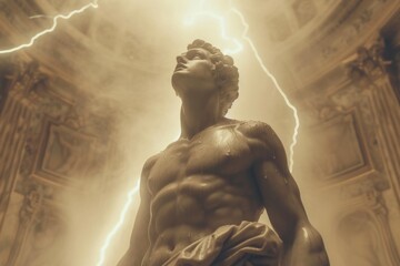 A dramatic portrayal of a Greek god statue enveloped in smoke and lightning, invoking a sense of mythic power