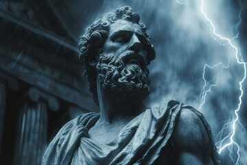 Obraz premium A classic statue of a Greek figure set against a dramatic sky with lightning