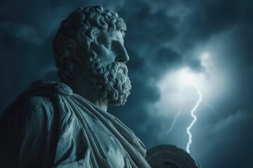 A dramatic portrayal of a Greek god statue enveloped in smoke and lightning, invoking a sense of mythic power