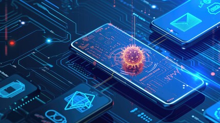 A comprehensive visual guide to smartphone malware protection, featuring images of common viruses, security apps