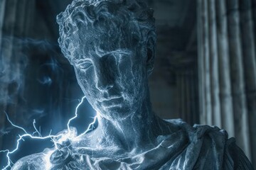 A dramatic portrayal of a Greek god statue enveloped in smoke and lightning, invoking a sense of mythic power
