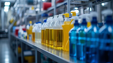 Industrial cleaning supplies in a warehouse showcasing various colorful detergent bottles. - obrazy, fototapety, plakaty