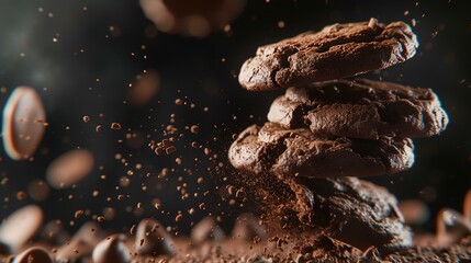Pile of chocolate cookies with cocoa powder splashing on a dark background