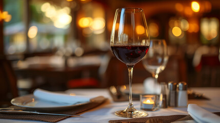 Fototapeta premium An elegant dinner setting with a glass of red wine in a romantic restaurant ambiance