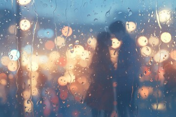 Impressionistic, illustration of first love. Blurred silhouette of a romantic couple behind a range Street piece of glass city lights in the background